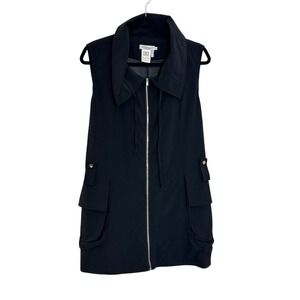 Dzhavael Couture Full Zip Vest Size XL Black Pockets Belted Lagenlook Travel